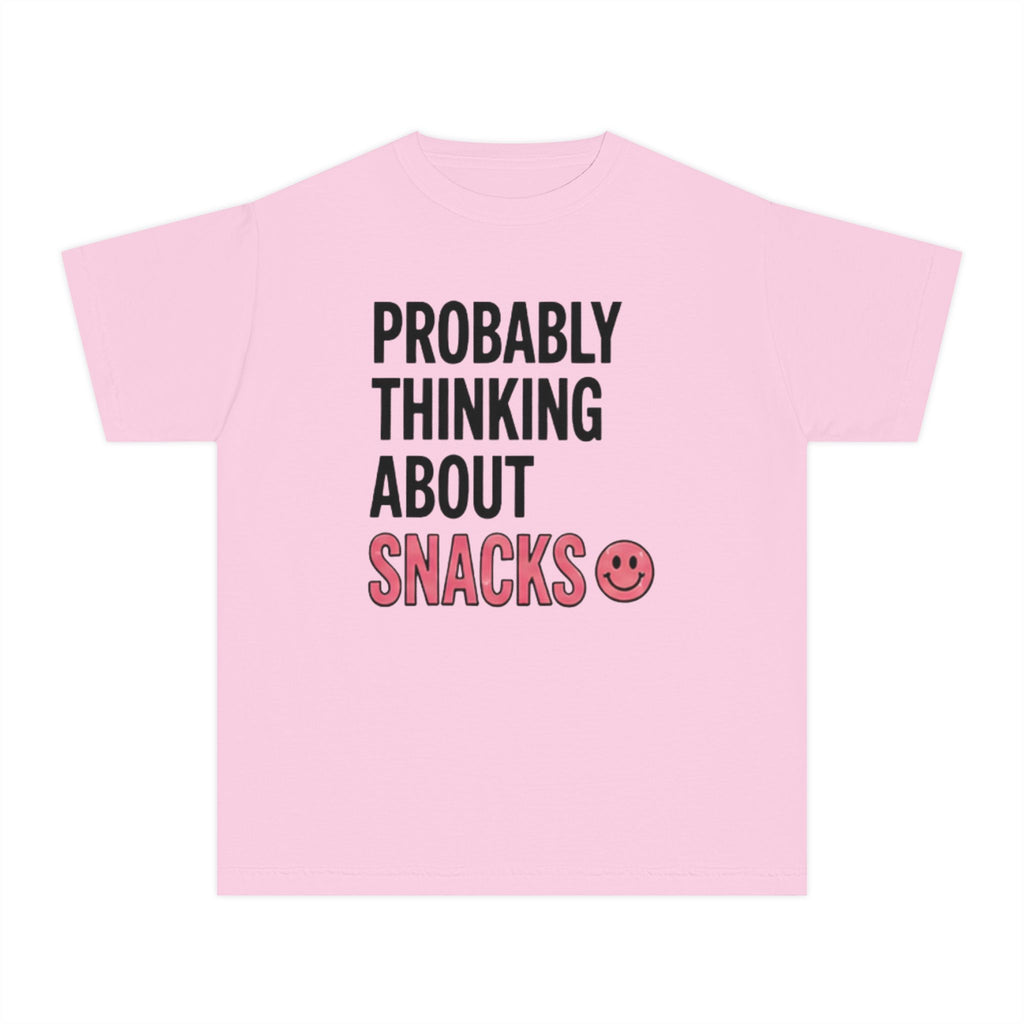 Youth Tee - "Probably Thinking About Snacks" Cute Smiley Graphic