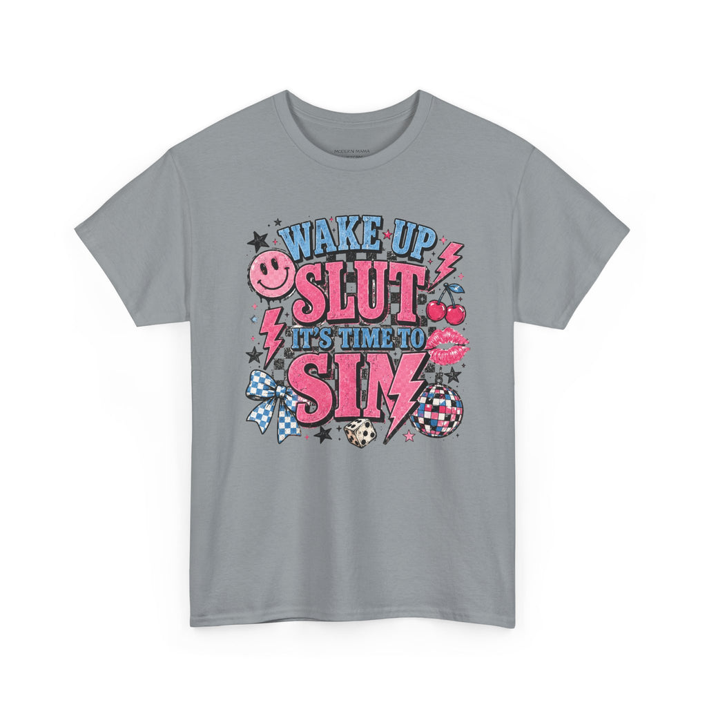 Graphic Tee — "Wake Up Slut, It's Time to Sin" Retro Pink Pop Design