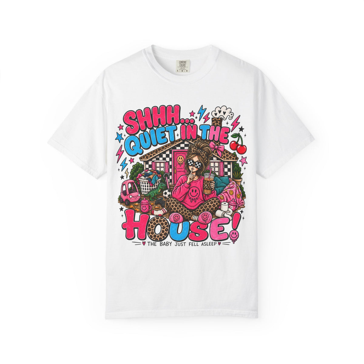 Shhh... Quiet in the House! Graphic T-Shirt — Retro Cute Cartoon Sleepy House Design