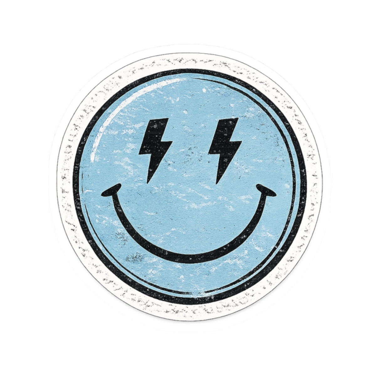 Smiley Lightning Kiss-Cut Sticker — Retro Distressed Blue Smiley Face Decal for Laptops & Water Bottles