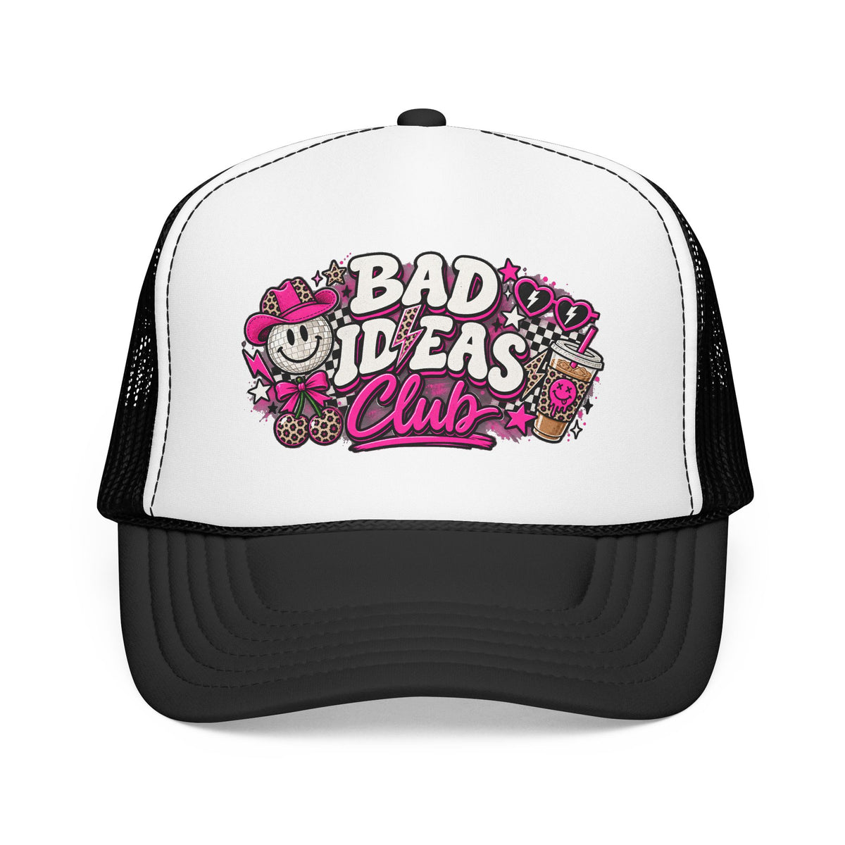 Bad Ideas Club Trucker Hat – Retro Pink Graffiti Foam Cap