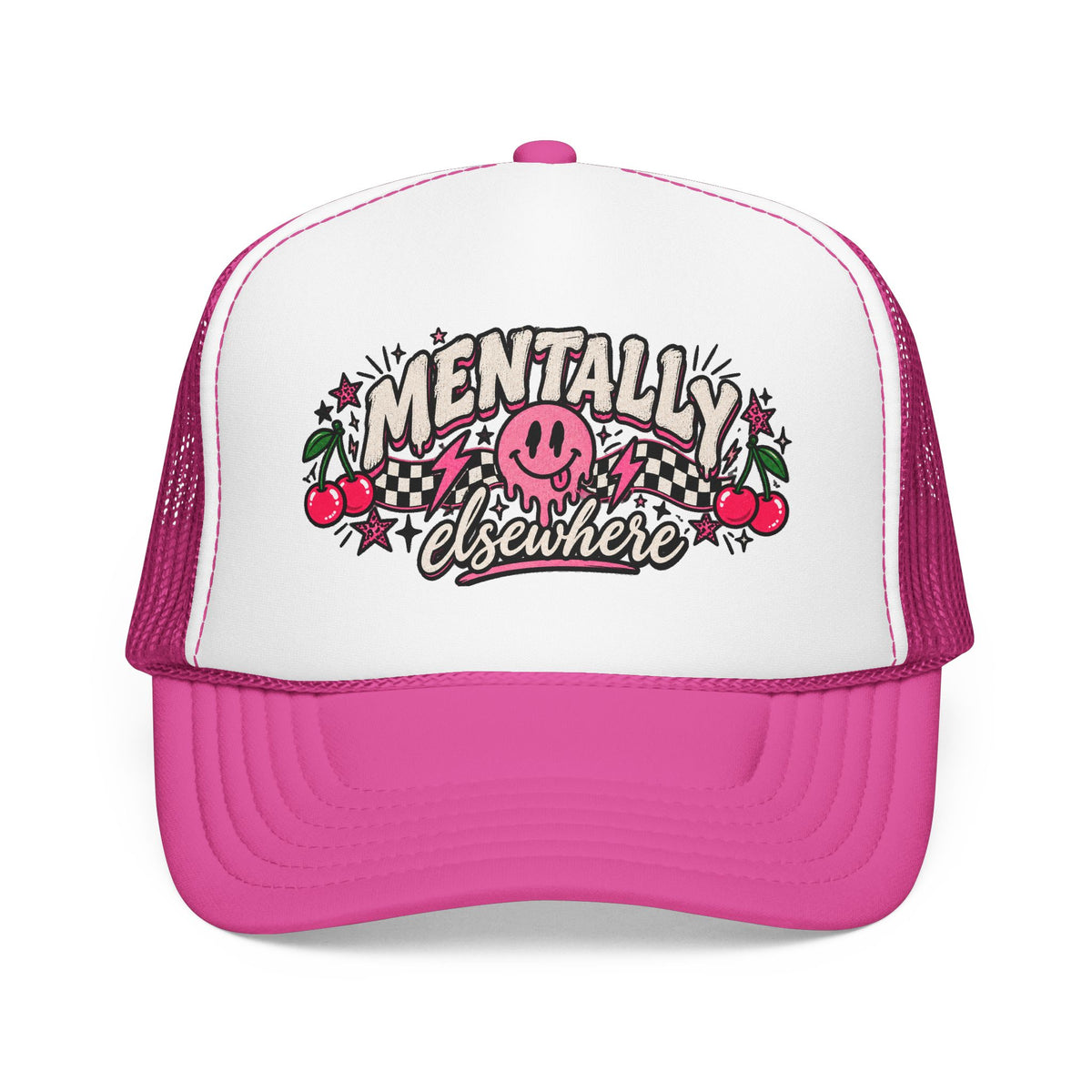 Mentally Elsewhere Trucker Hat – Retro Smiley Cherry Foam Cap