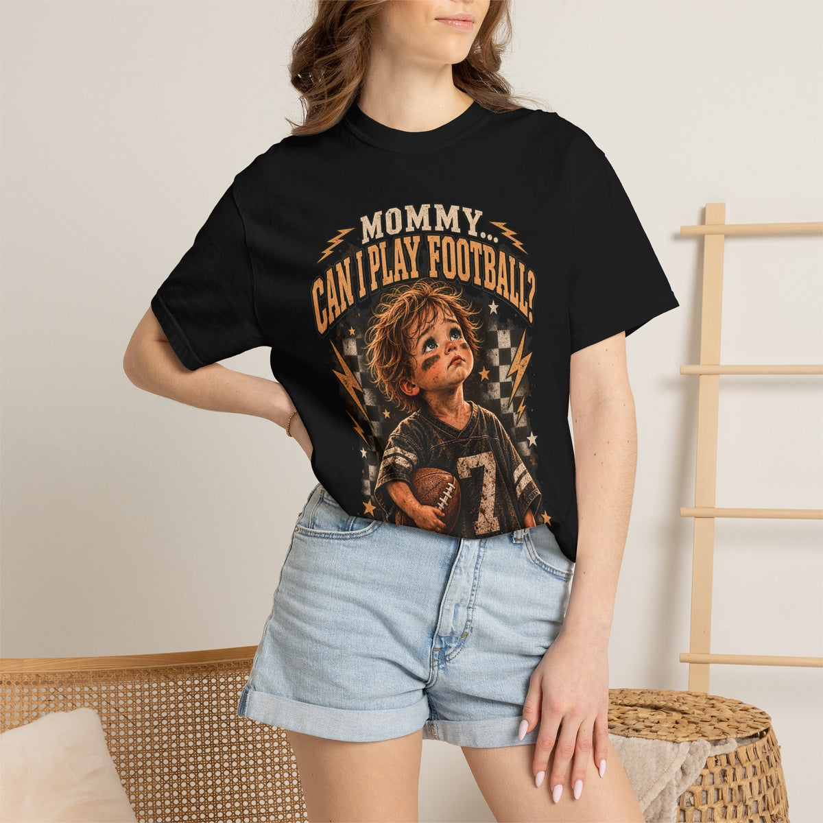 Mommy Can I Play Football? Kid Football Graphic T-Shirt