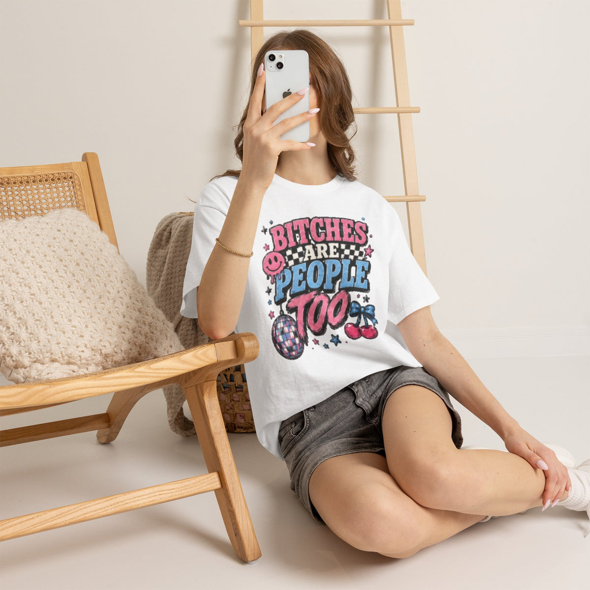 Graphic Tee — "Bitches Are People Too" Retro Pink & Blue