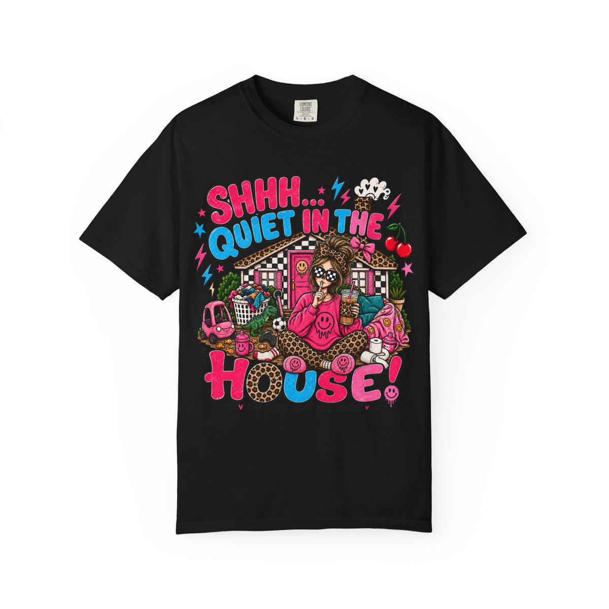 Shhh... Quiet in the House! Graphic T-Shirt — Retro Cute Cartoon Sleepy House Design