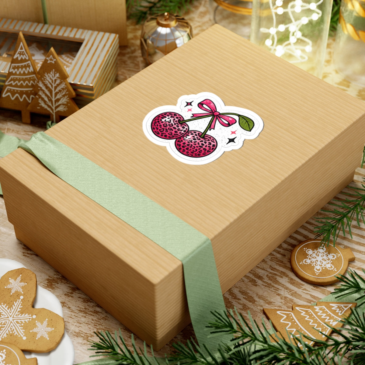 Pink Leopard Cherry Sticker — Cute Retro Kawaii Laptop Decal