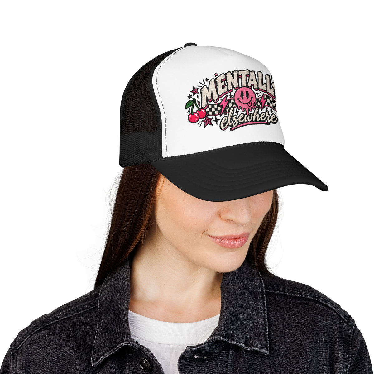 Mentally Elsewhere Trucker Hat – Retro Smiley Cherry Foam Cap