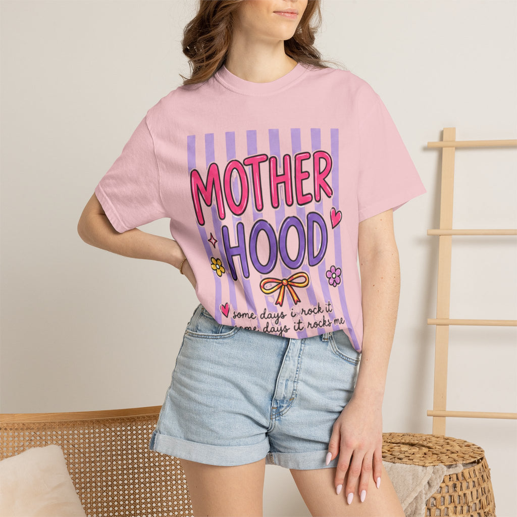 Motherhood Graphic T-Shirt — Cute Striped Mom Tee ("Mother Hood")