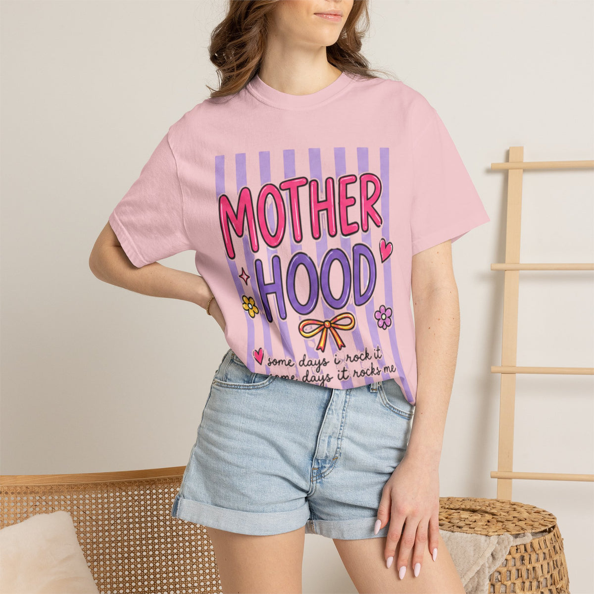 Motherhood Graphic T-Shirt — Cute Striped Mom Tee ("Mother Hood")
