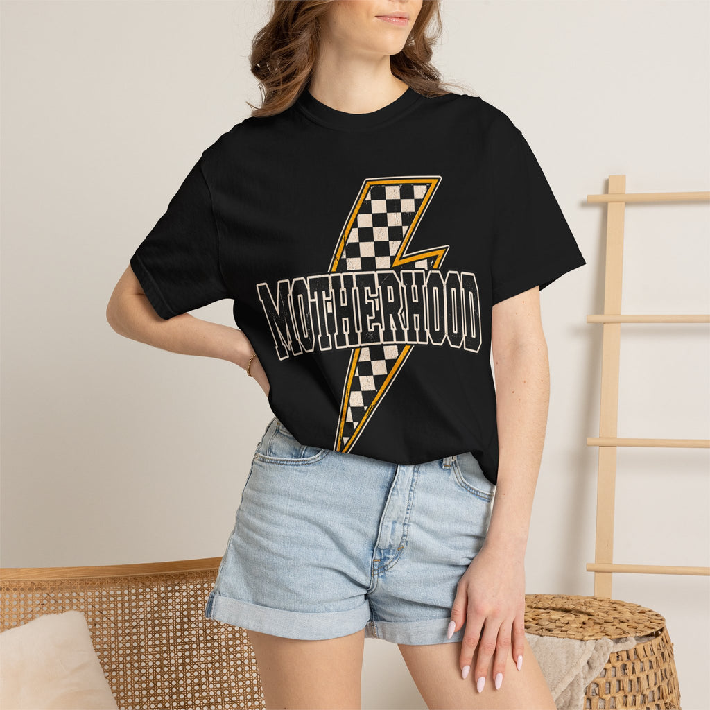 Motherhood Lightning Bolt T-Shirt — Retro Checkered Graphic Tee for Moms
