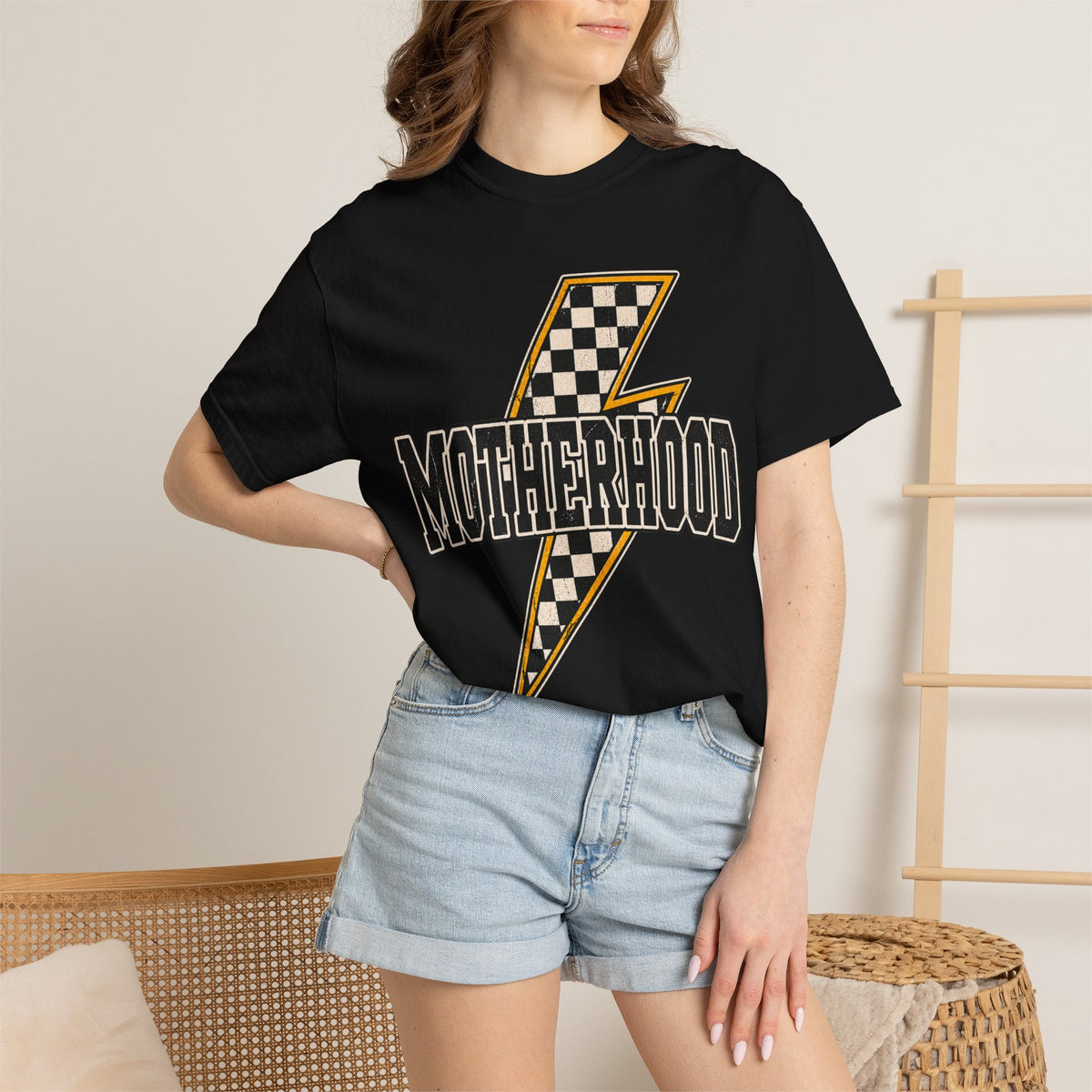 Motherhood Lightning Bolt T-Shirt — Retro Checkered Graphic Tee for Moms