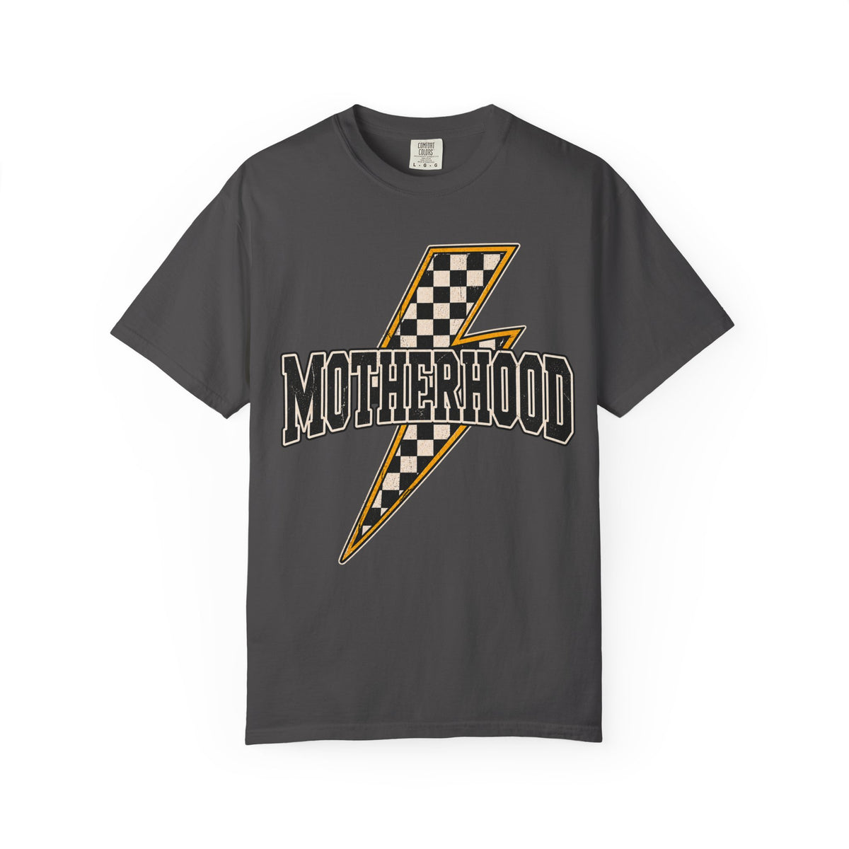Motherhood Lightning Bolt T-Shirt — Retro Checkered Graphic Tee for Moms