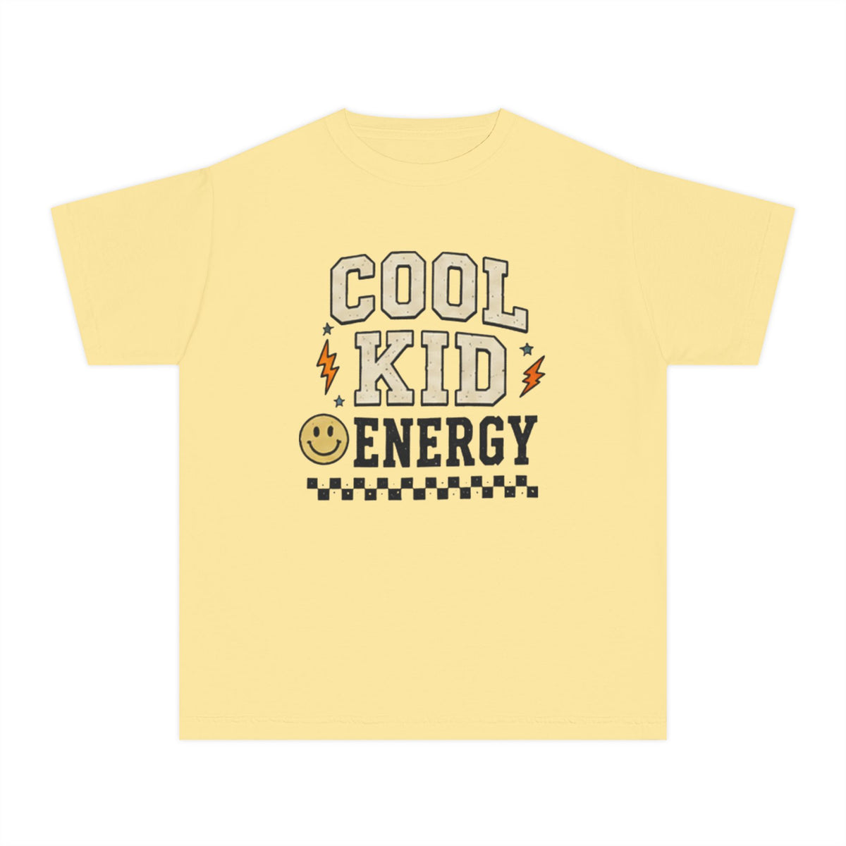 Cool Kid Energy Youth Tee — Retro Smile Lightning Graphic Shirt
