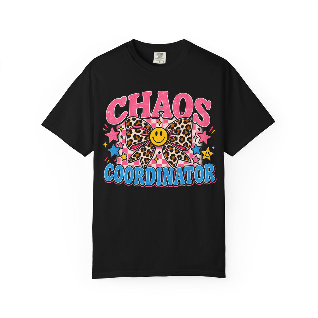 Chaos Coordinator T-Shirt — Cute Leopard Bow Smile Graphic Tee