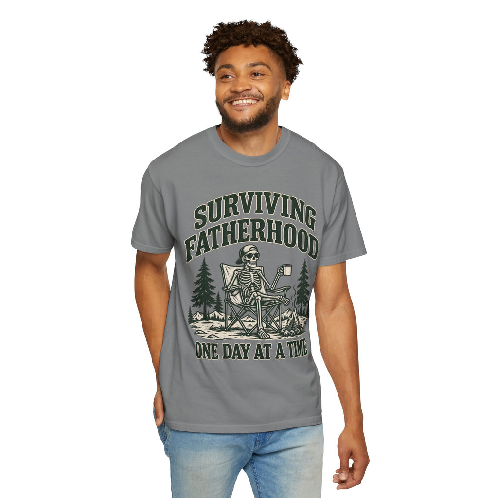Surviving Fatherhood T-Shirt — 'One Day at a Time' Camping Dad Graphic Tee