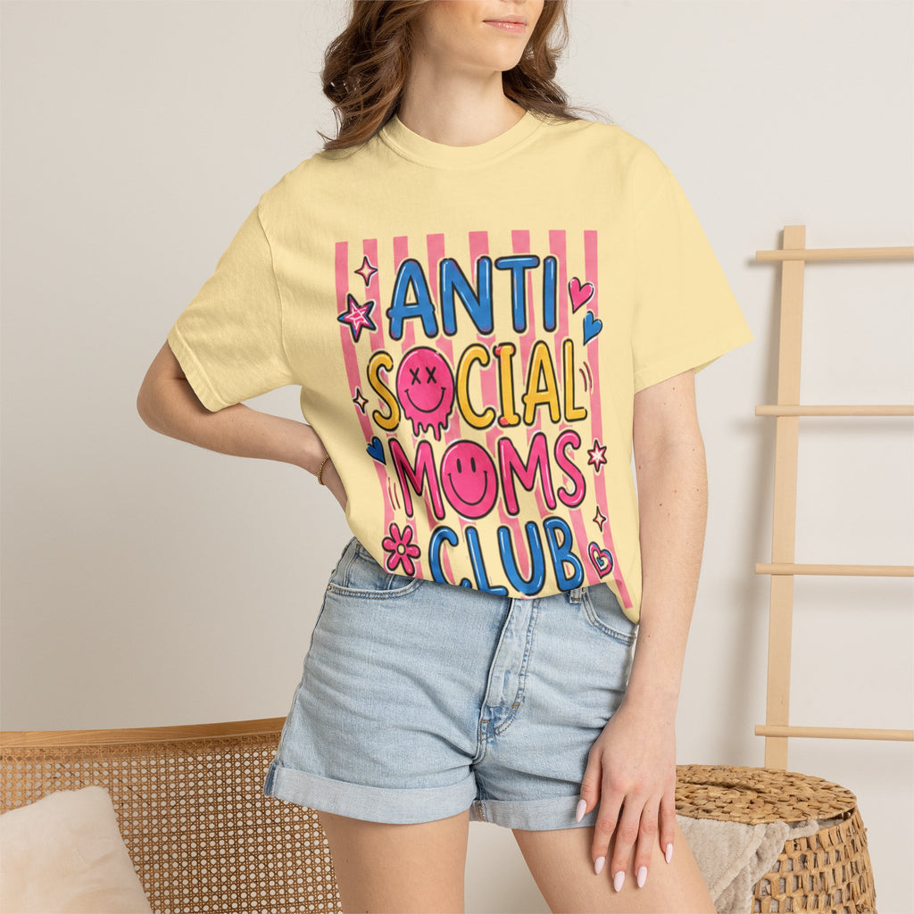 Anti Social Moms Club T-Shirt — Cute Pink Striped Graphic Tee for Introverted Moms