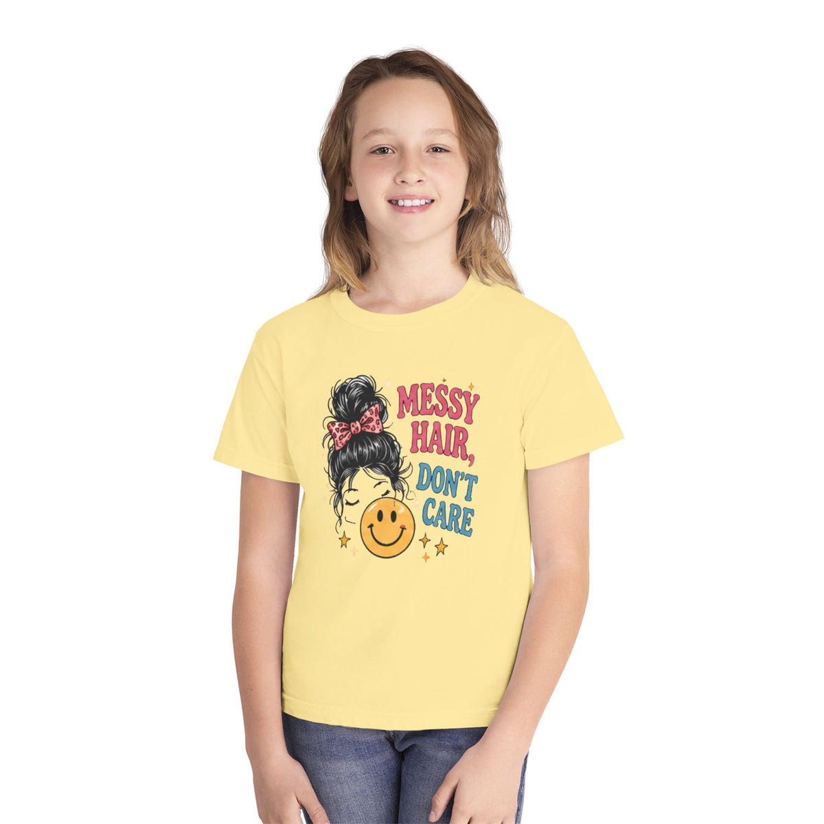 Youth Tee - "Messy Hair, Don’t Care" Smiley Graphic