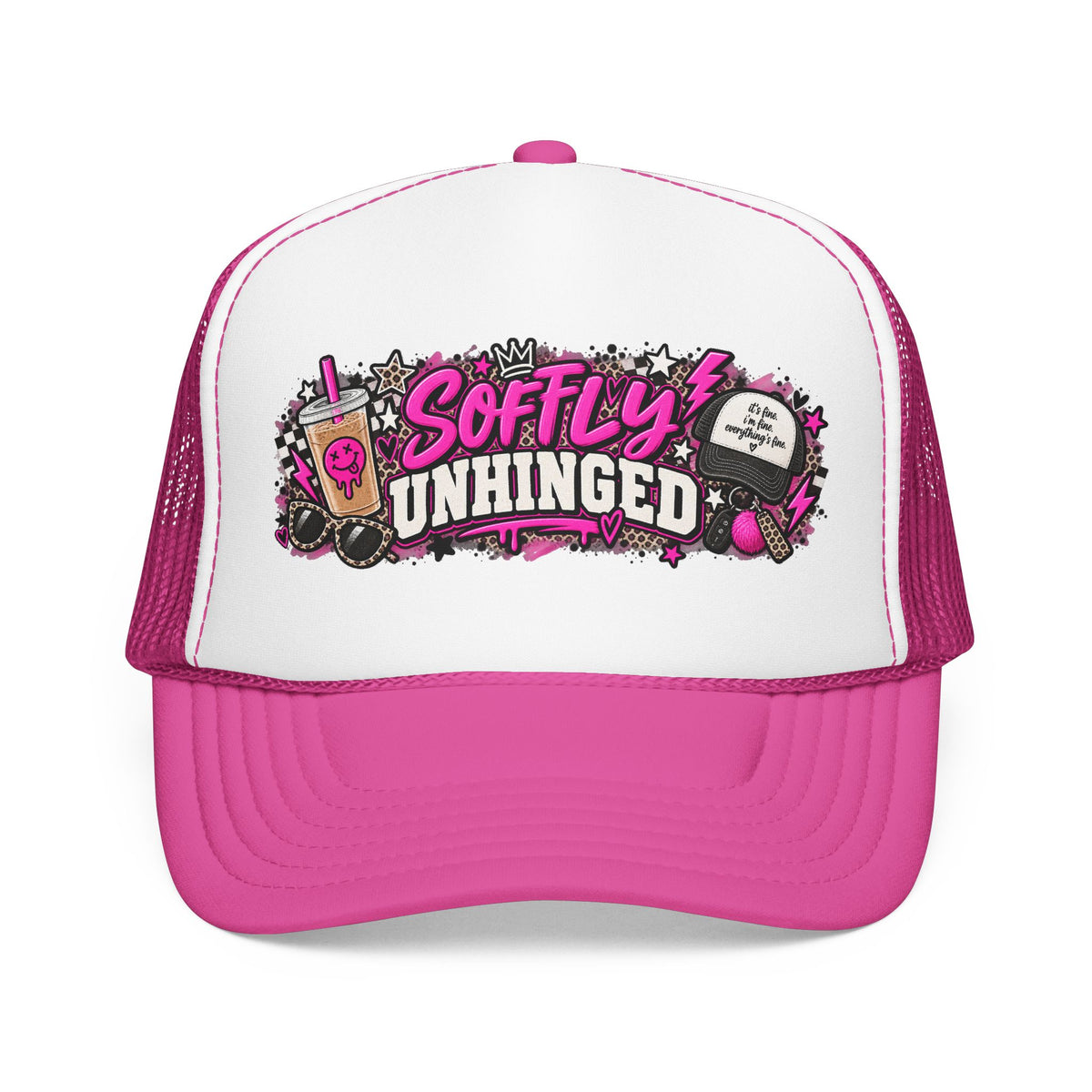 Softly Unhinged Trucker Hat – Edgy Pink Graphic Foam Cap
