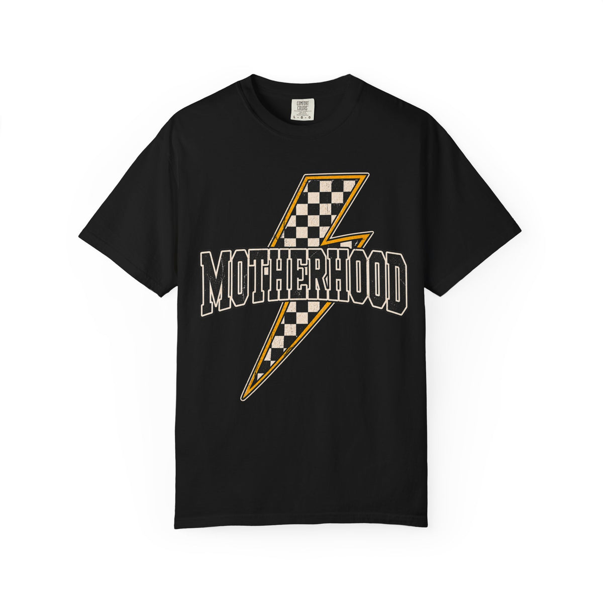 Motherhood Lightning Bolt T-Shirt — Retro Checkered Graphic Tee for Moms