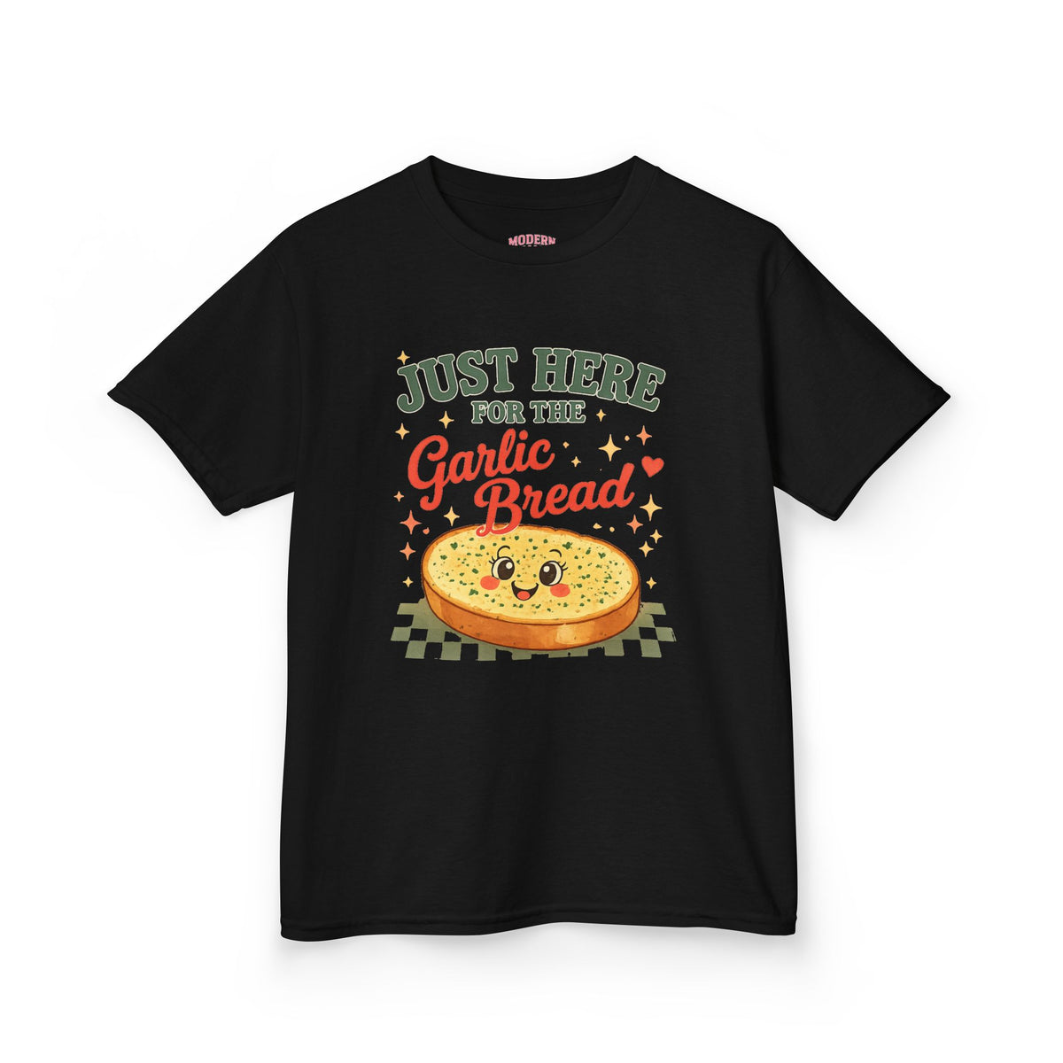 Kids T-Shirt — "Just Here for the Garlic Bread" Cute Pizza/Garlic Bread Tee