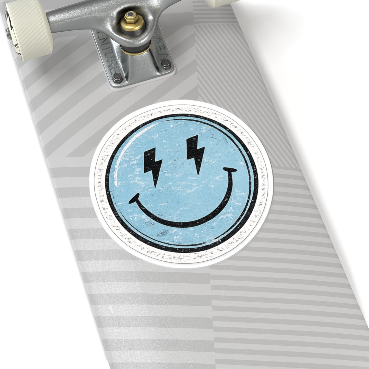 Smiley Lightning Kiss-Cut Sticker — Retro Distressed Blue Smiley Face Decal for Laptops & Water Bottles