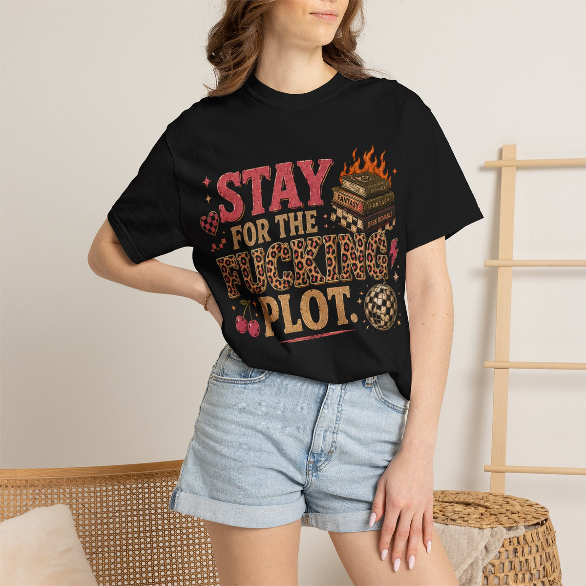 T-Shirt — “Stay for the F***ing Plot” Retro Horror Book & Cherry Graphic