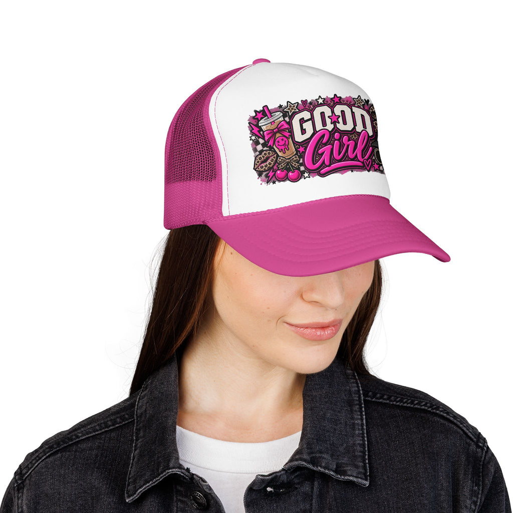 Good Girl Foam Trucker Hat — Pink Skull & Leopard Patch Cap
