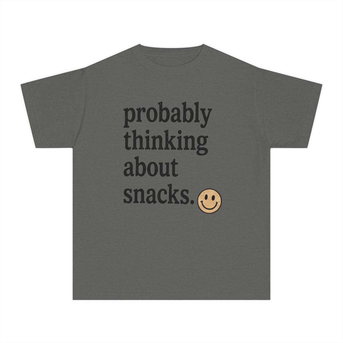 Youth Tee — "Probably Thinking About Snacks." Graphic Kids T‑Shirt, Cute Smiley Snack Shirt