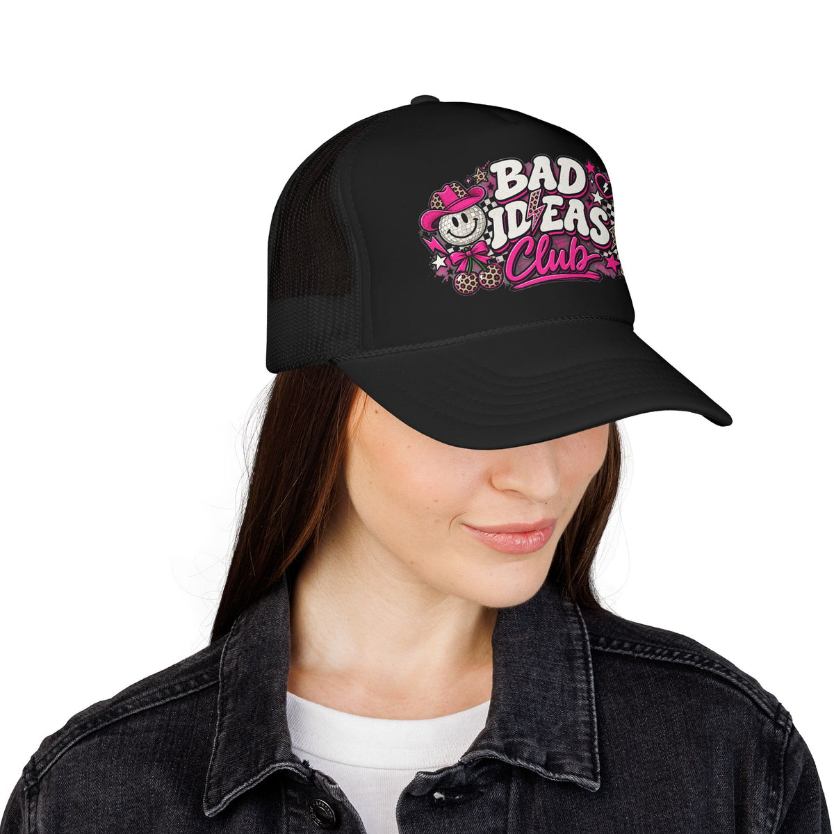 Bad Ideas Club Trucker Hat – Retro Pink Graffiti Foam Cap