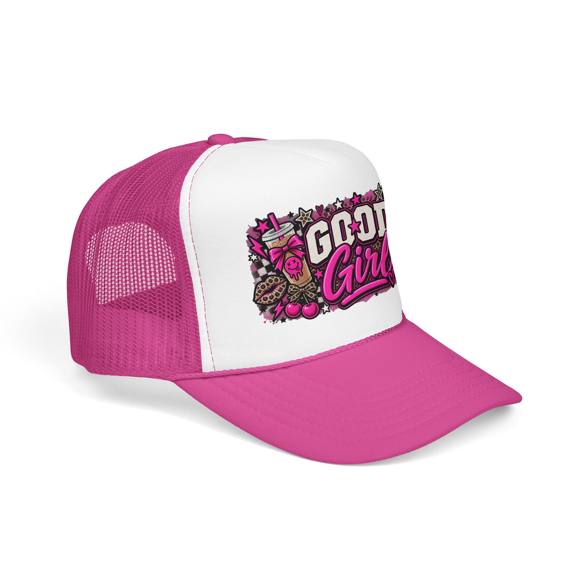 Good Girl Foam Trucker Hat — Pink Skull & Leopard Patch Cap