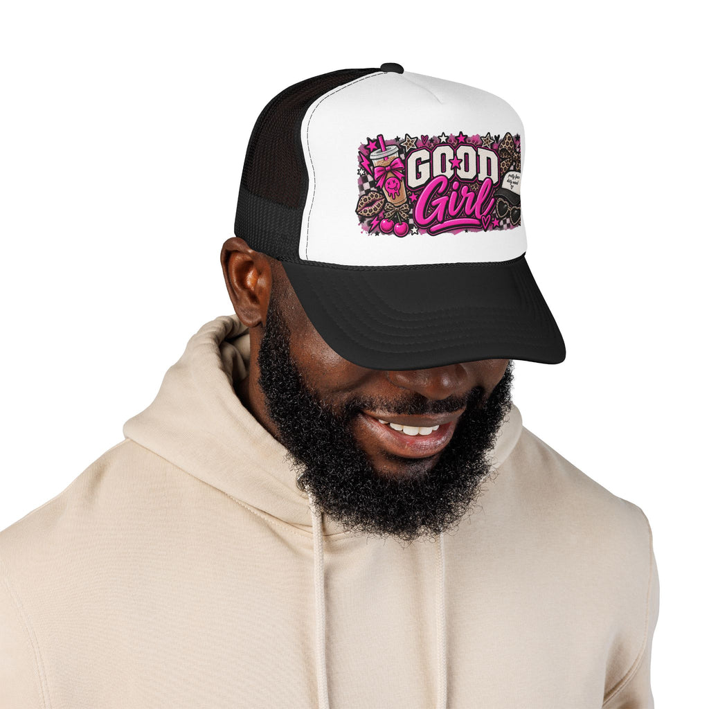Good Girl Foam Trucker Hat — Pink Skull & Leopard Patch Cap