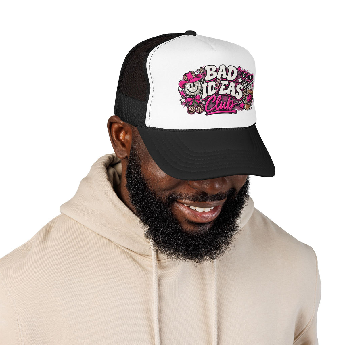 Bad Ideas Club Trucker Hat – Retro Pink Graffiti Foam Cap