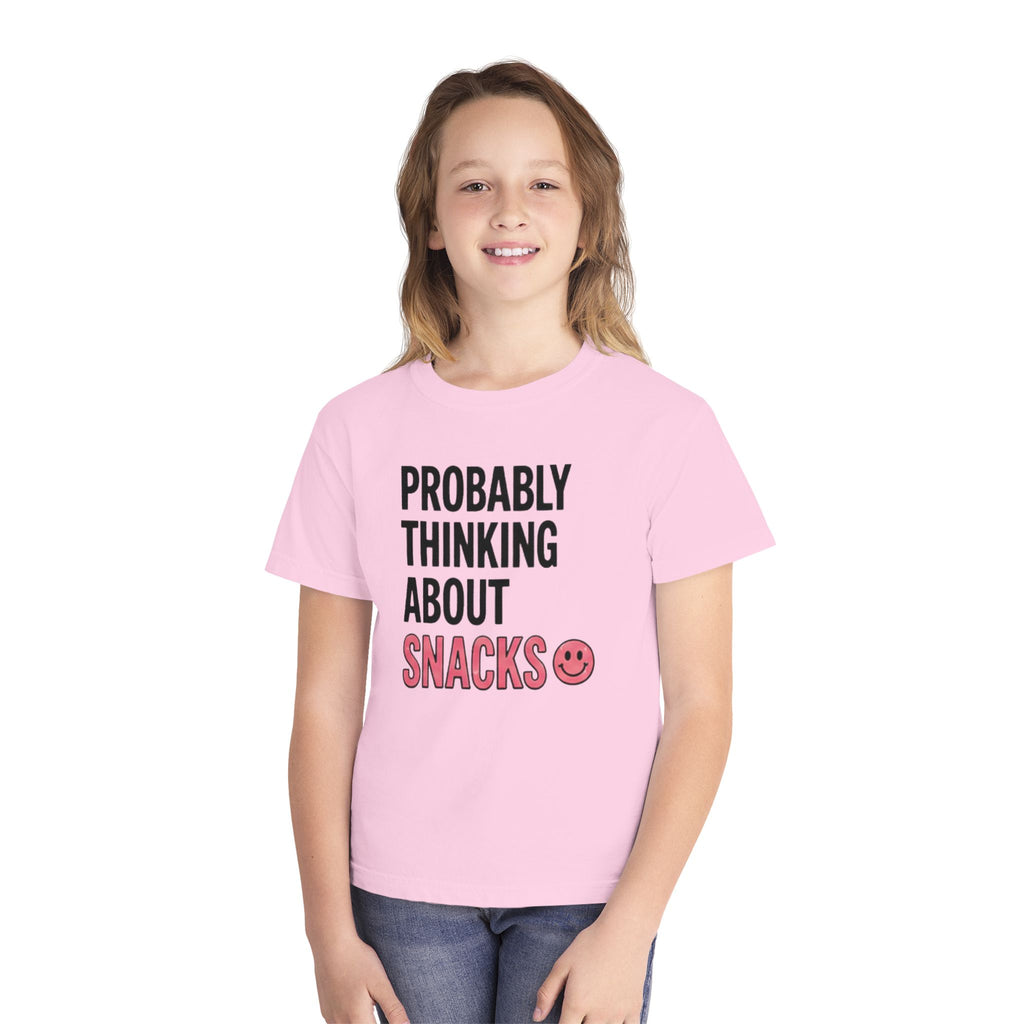 Youth Tee - "Probably Thinking About Snacks" Cute Smiley Graphic