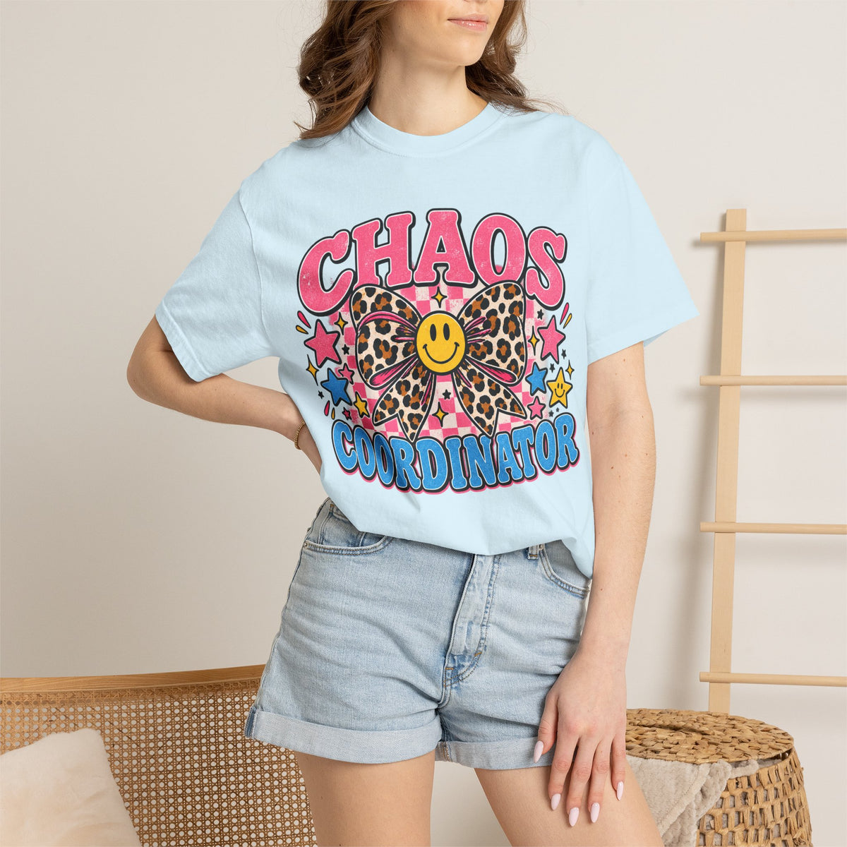 Chaos Coordinator T-Shirt — Cute Leopard Bow Smile Graphic Tee