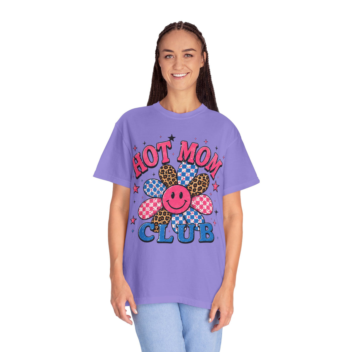 Hot Mom Club T-Shirt — Retro Smiley Flower Graphic Tee for Moms