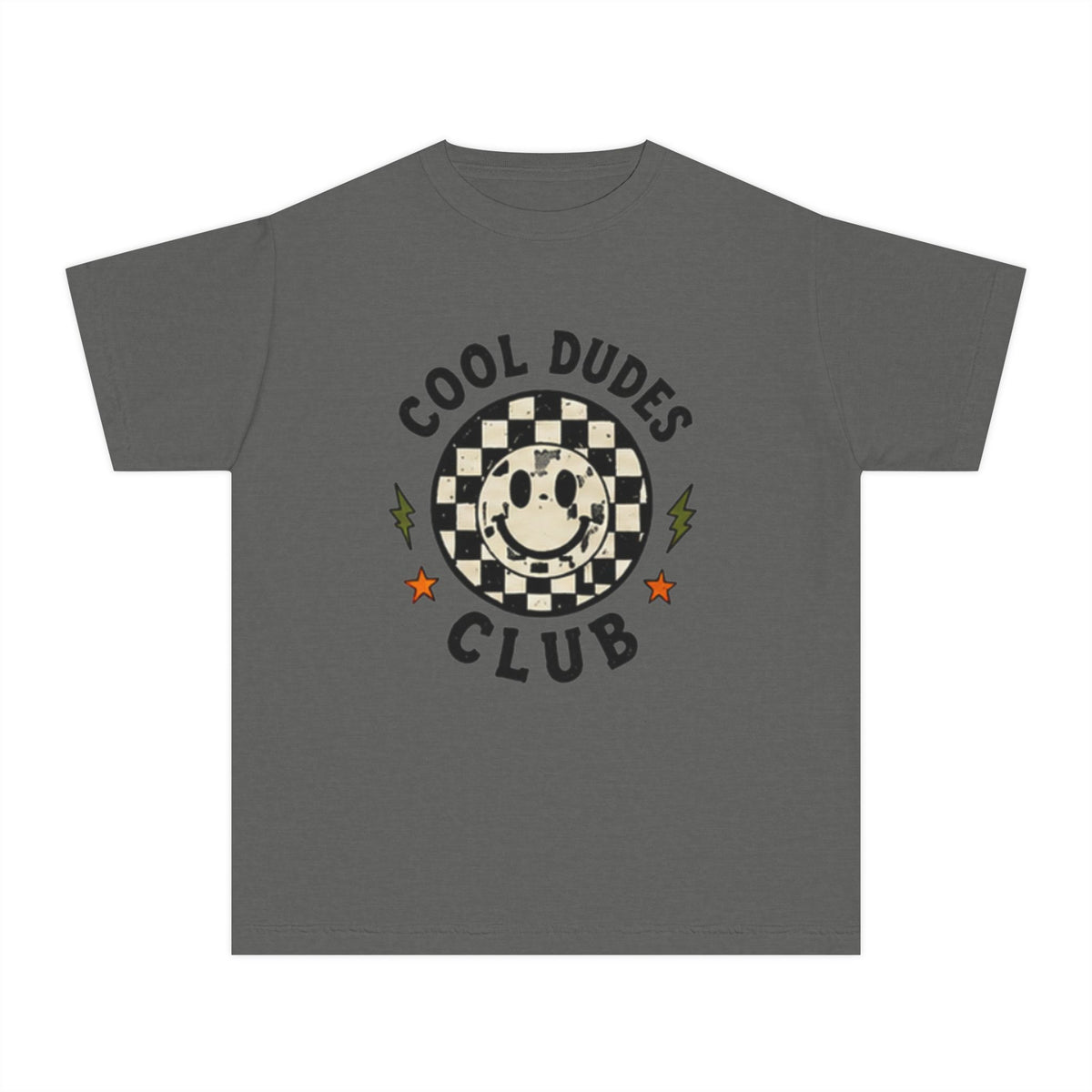 Cool Dudes Club Youth Tee — Retro Skateboard Smiley Checkered Graphic