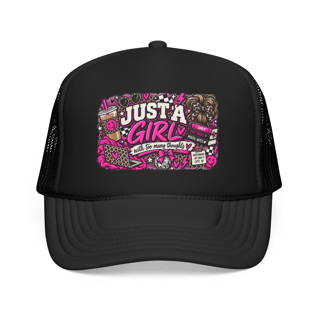 Just a Girl Foam Trucker Hat — Feminine Pink Retro Graphic Cap
