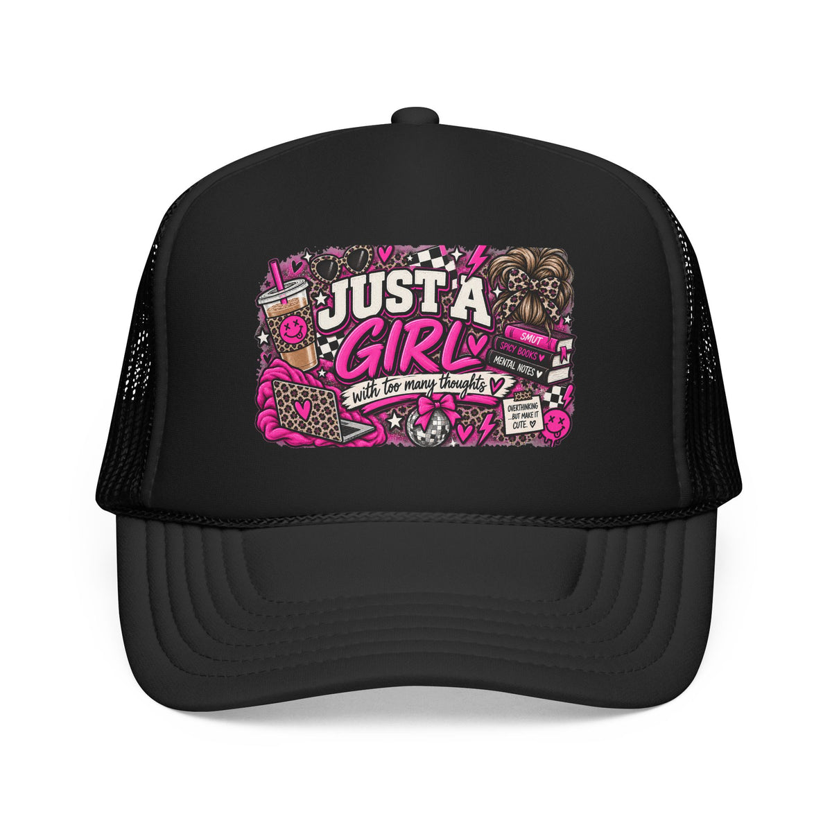Just a Girl Foam Trucker Hat — Feminine Pink Retro Graphic Cap