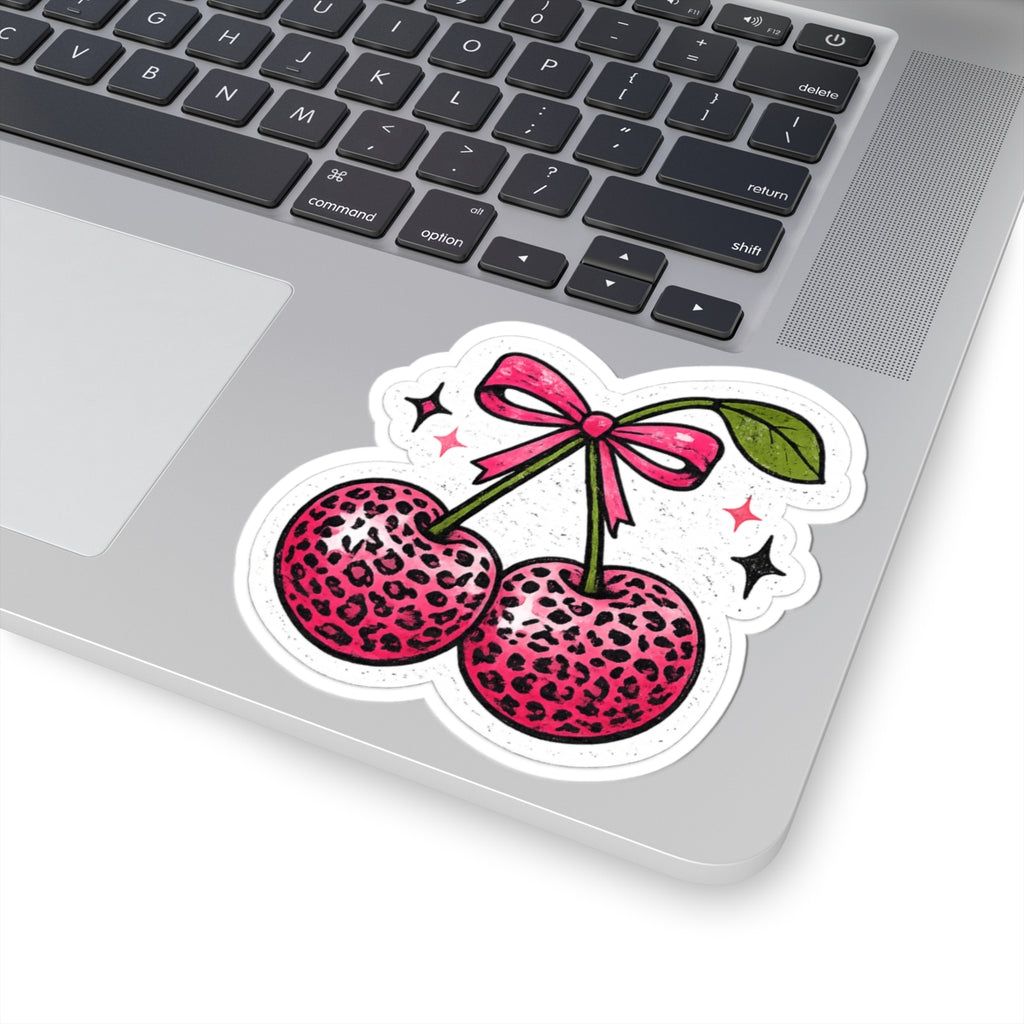 Pink Leopard Cherry Sticker — Cute Retro Kawaii Laptop Decal