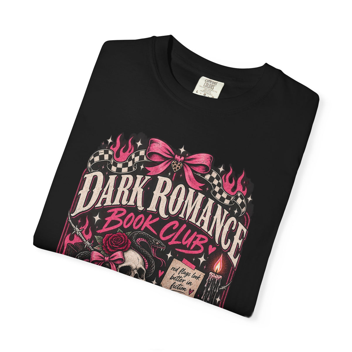 Dark Romance Book Club T-Shirt — Gothic Skull & Stacked Books Design