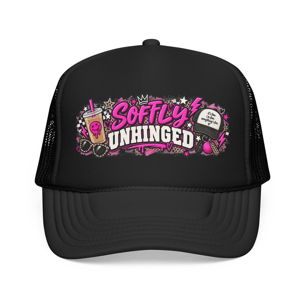 Softly Unhinged Trucker Hat – Edgy Pink Graphic Foam Cap