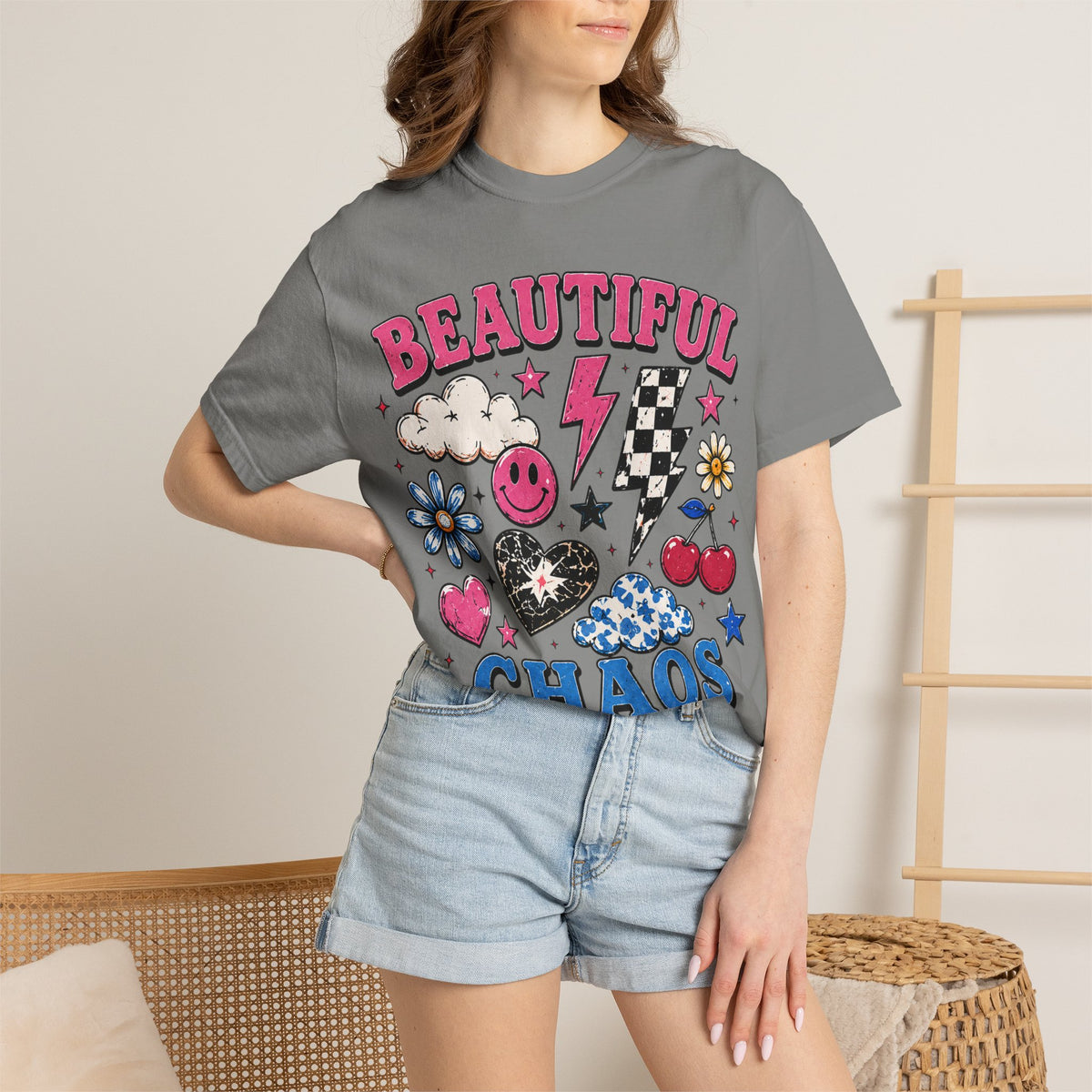 Beautiful Chaos Graphic T-Shirt — Retro Cute Patchwork Print