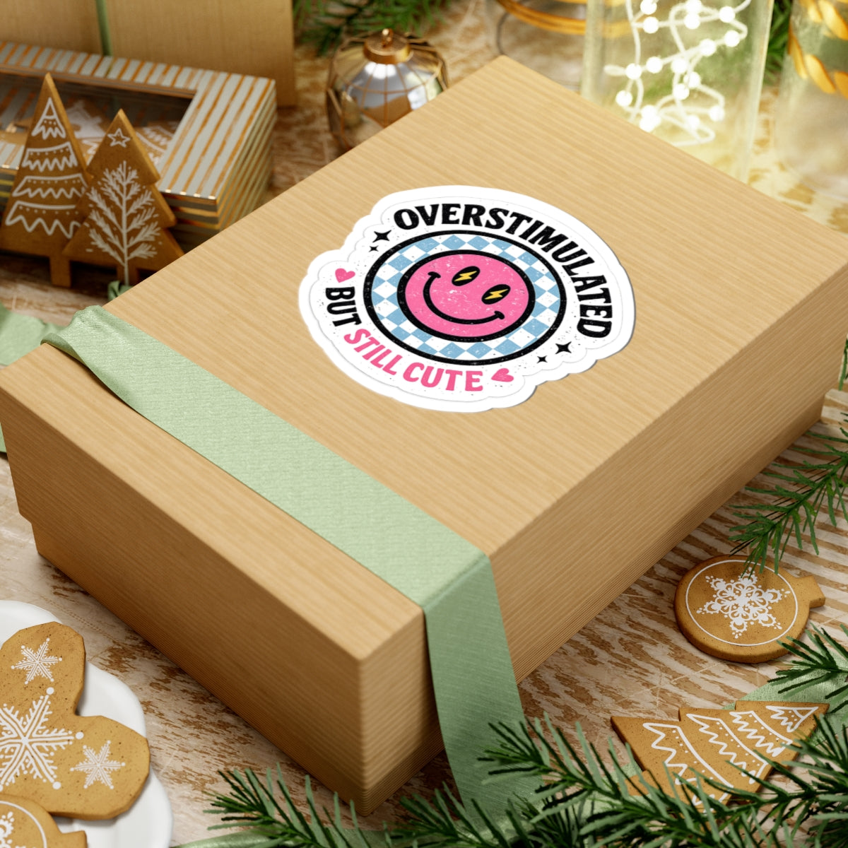 Sticker — "Overstimulated But Still Cute" Pink Smiley Kiss-Cut Sticker