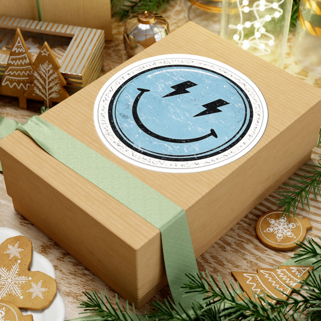 Smiley Lightning Kiss-Cut Sticker — Retro Distressed Blue Smiley Face Decal for Laptops & Water Bottles