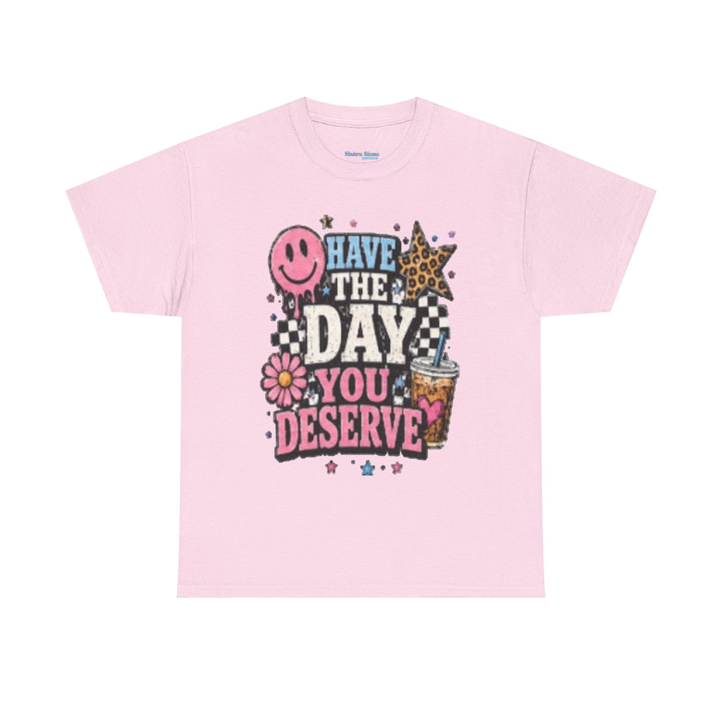 Have the Day You Deserve Graphic Tee — Retro Smile, Leopard Star & Floral Positive Message