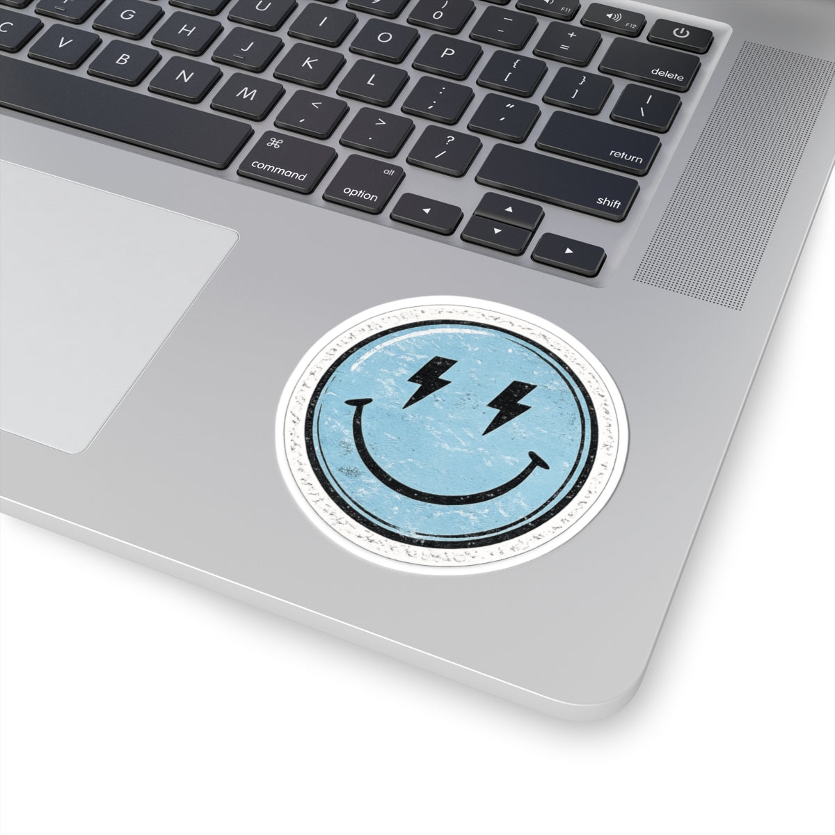 Smiley Lightning Kiss-Cut Sticker — Retro Distressed Blue Smiley Face Decal for Laptops & Water Bottles