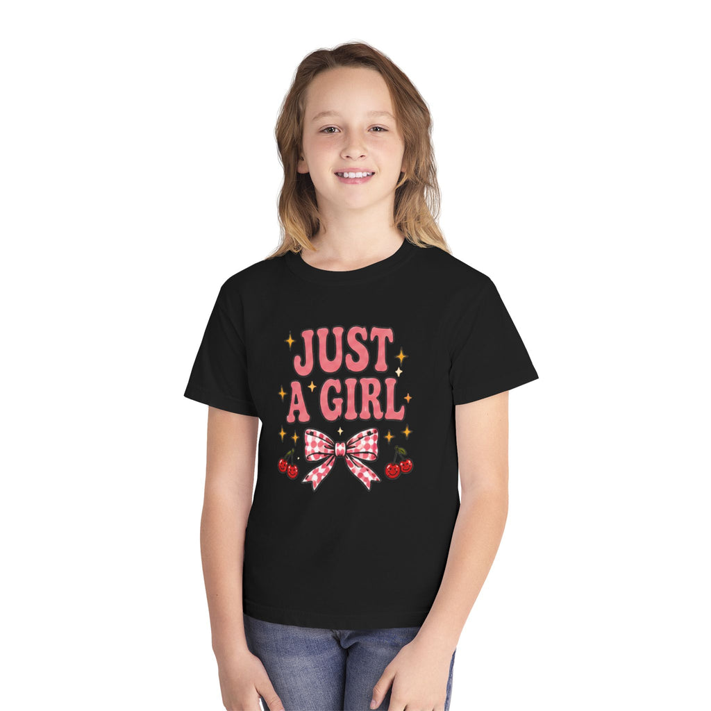 Youth Tee - "Just a Girl" Pink Bow & Cherries Graphic