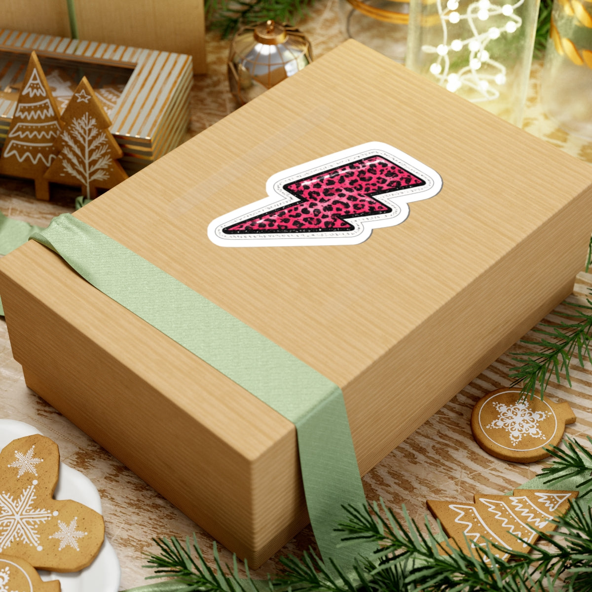 Pink Leopard Lightning Bolt Sticker — Kiss-Cut Vinyl Decal for Laptops & Water Bottles