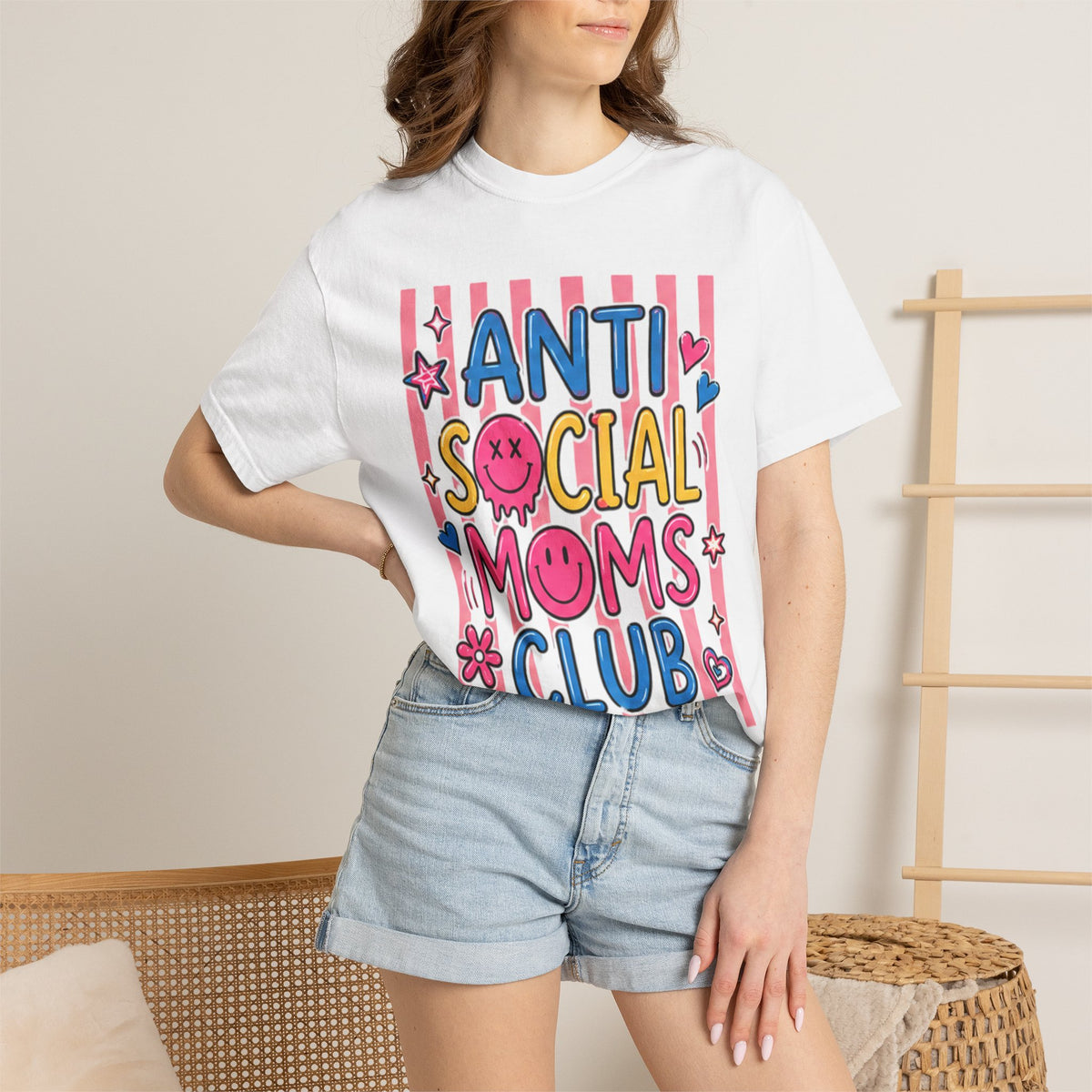 Anti Social Moms Club T-Shirt — Cute Pink Striped Graphic Tee for Introverted Moms