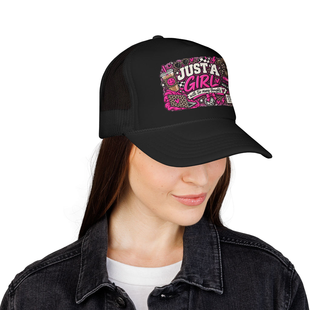 Just a Girl Foam Trucker Hat — Feminine Pink Retro Graphic Cap